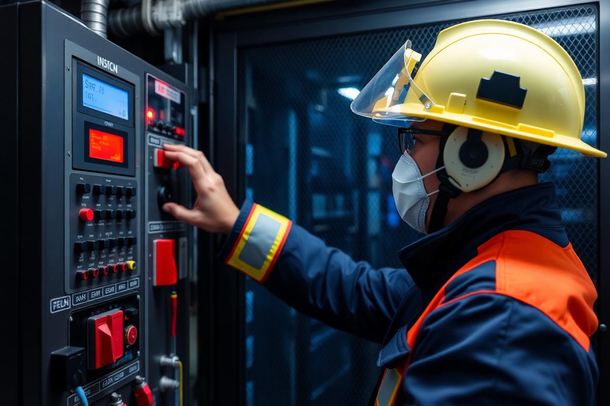 Engineer melakukan inspeksi panel kontrol FM200